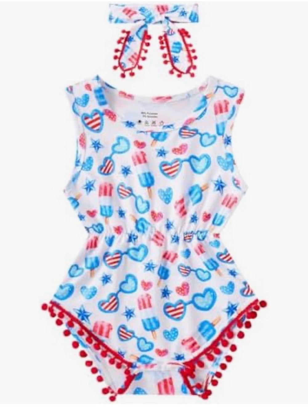 NWOT- Patriotic Heart & Popsicle Romper with Pom Trim And Matching Hair Bow
